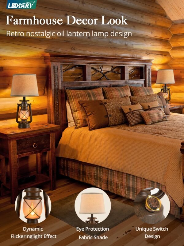 18.72" LED Vintage Lantern Flickering Flame Table Lamps for Bedrooms Set of 2, Small Farmhouse Rustic Vintage End Table Lamps - Image 2