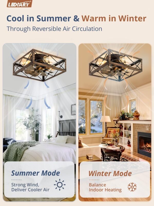 Caged Flush Mount Ceiling Fans with Lights and Remote, Black Square Low Profile Rustic Ceiling Fan - Image 3
