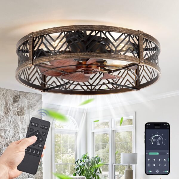20" Caged Ceiling Fan with Light, Small Flush Mount Ceiling Fan with App - Image 40