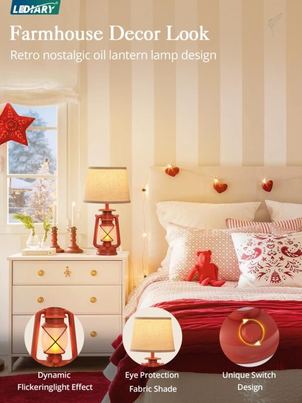18.72" LED Vintage Lantern Flickering Flame Table Lamps for Bedrooms Set of 2, Small Farmhouse Rustic Vintage End Table Lamps - Image 8
