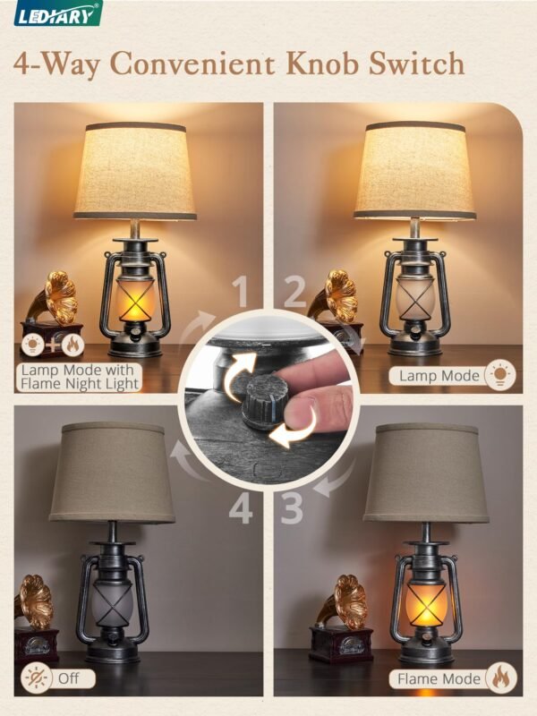 18.72" LED Vintage Lantern Flickering Flame Table Lamps for Bedrooms Set of 2, Small Farmhouse Rustic Vintage End Table Lamps - Image 21