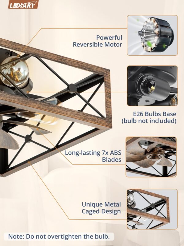 Caged Flush Mount Ceiling Fans with Lights and Remote, Black Square Low Profile Rustic Ceiling Fan - Image 5