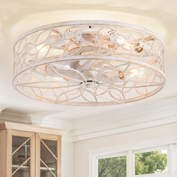 Caged Ceiling Fans with Lights, White Flush Mount Ceiling Fan with Remote - Image 8
