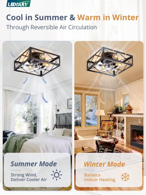 Caged Flush Mount Ceiling Fans with Lights and Remote, Black Square Low Profile Rustic Ceiling Fan - Image 10