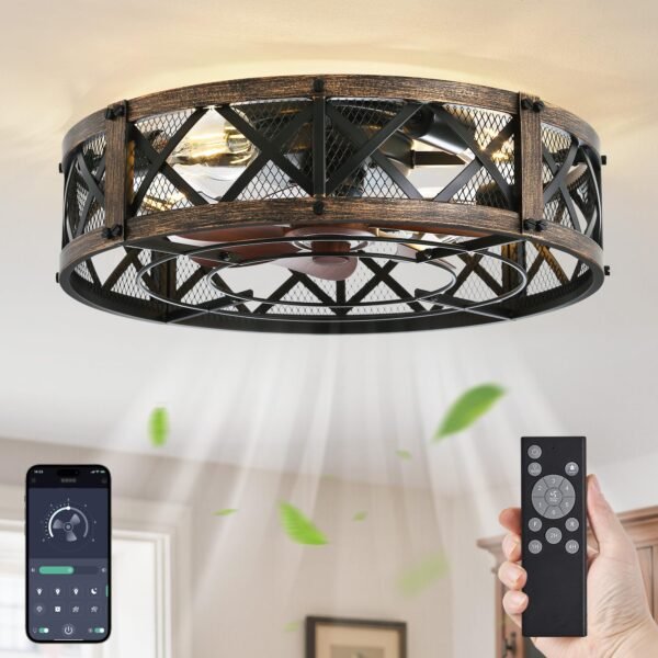 20" Caged Ceiling Fan With Light, APP&Remote Control, Small Flush Mount Farmhouse Fan Lights - Image 9