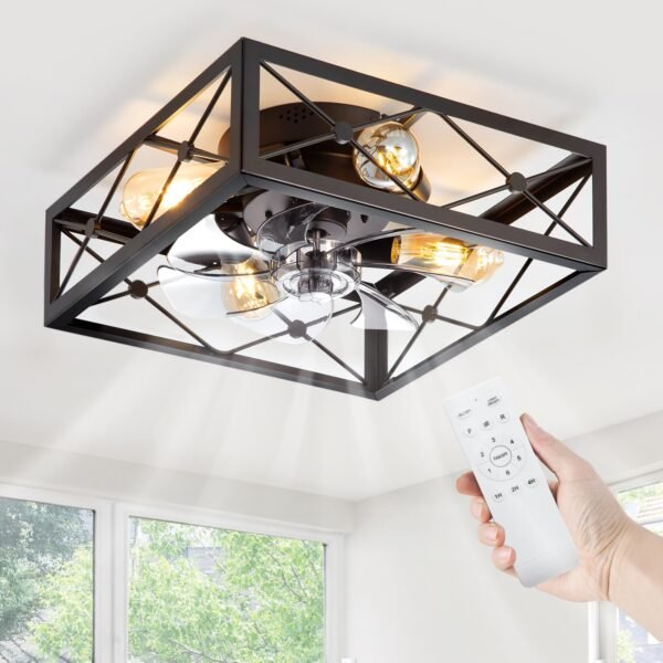 Caged Flush Mount Ceiling Fans with Lights and Remote, Black Square Low Profile Rustic Ceiling Fan - Image 8