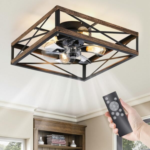 Caged Low Profile Ceiling Fans with Lights and Remote, Rustic Square Flush Mount Ceiling Fan - Image 34