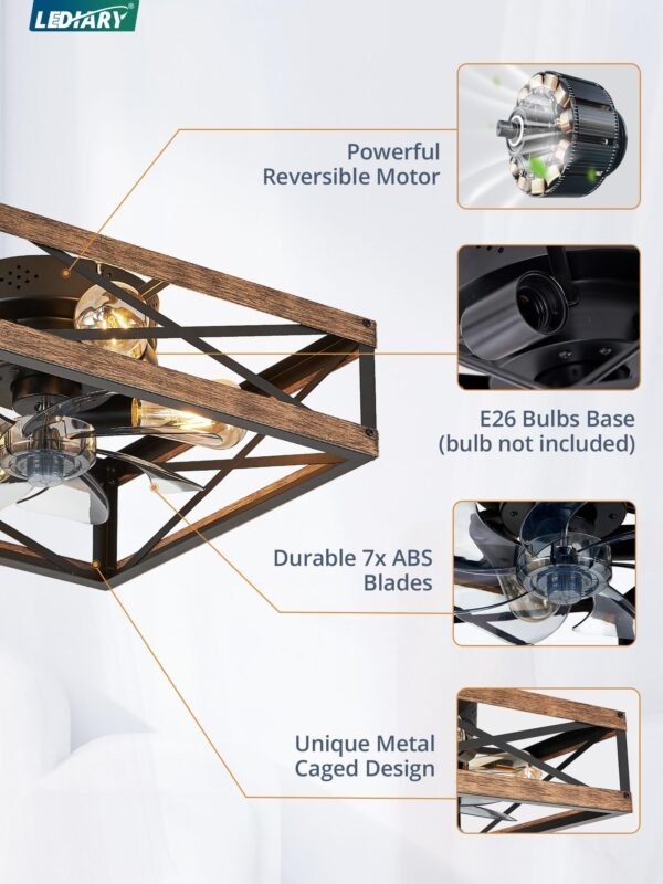 Caged Low Profile Ceiling Fans with Lights and Remote, Rustic Square Flush Mount Ceiling Fan - Image 5