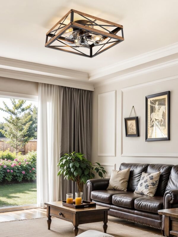 Caged Low Profile Ceiling Fans with Lights and Remote, Rustic Square Flush Mount Ceiling Fan - Image 13