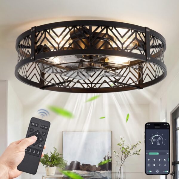 20" Caged Ceiling Fan with Light, Small Flush Mount Ceiling Fan with App - Image 16