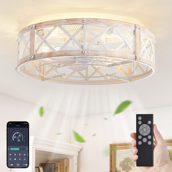 20" Caged Ceiling Fan With Light, APP&Remote Control, Small Flush Mount Farmhouse Fan Lights - Image 17
