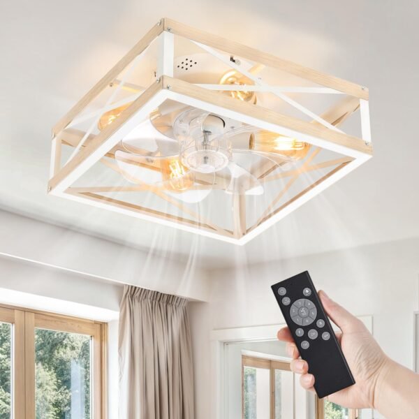 Caged Low Profile Ceiling Fans with Lights and Remote, Rustic Square Flush Mount Ceiling Fan - Image 40
