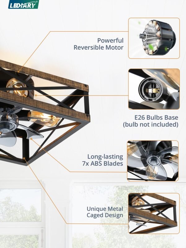 Caged Low Profile Ceiling Fans with Lights and Remote, Rustic Square Flush Mount Ceiling Fan - Image 18