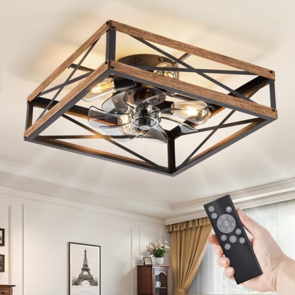 Caged Low Profile Ceiling Fans with Lights and Remote, Rustic Square Flush Mount Ceiling Fan - Image 8