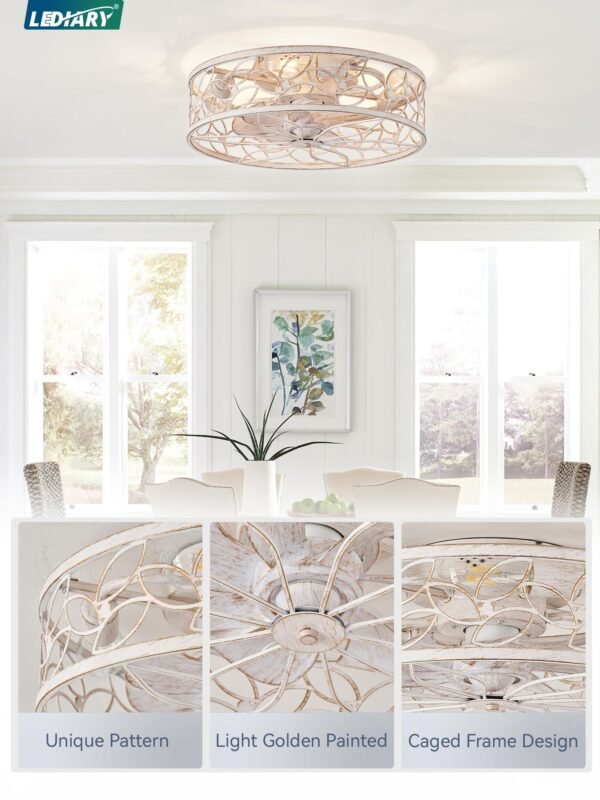 Caged Ceiling Fans with Lights, White Flush Mount Ceiling Fan with Remote - Image 17