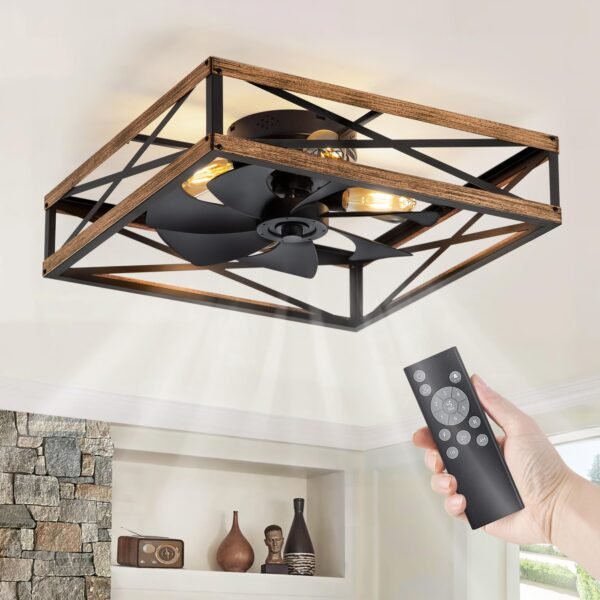 Caged Low Profile Ceiling Fans with Lights and Remote, Rustic Square Flush Mount Ceiling Fan - Image 21