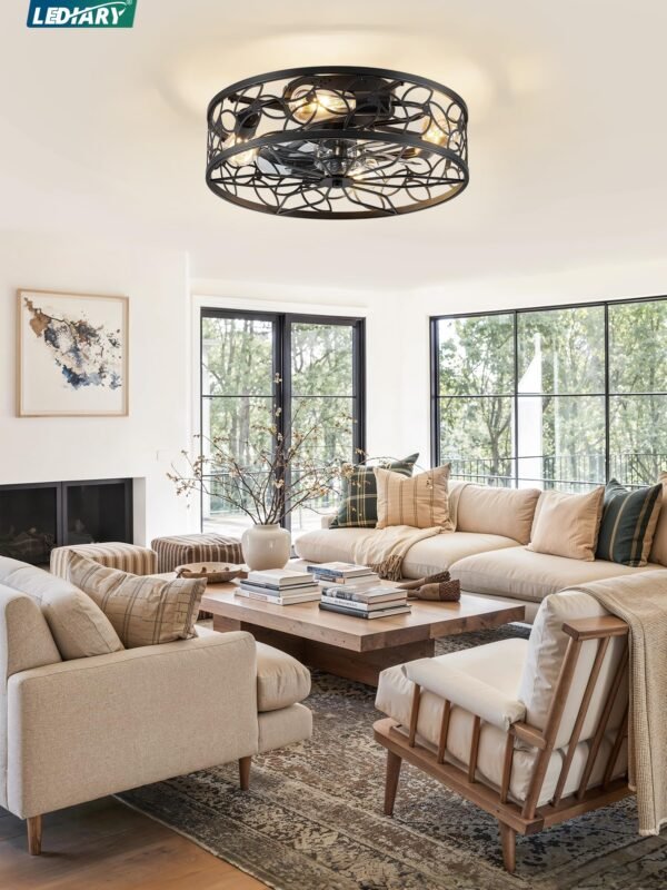 Caged Ceiling Fans with Lights, White Flush Mount Ceiling Fan with Remote - Image 29
