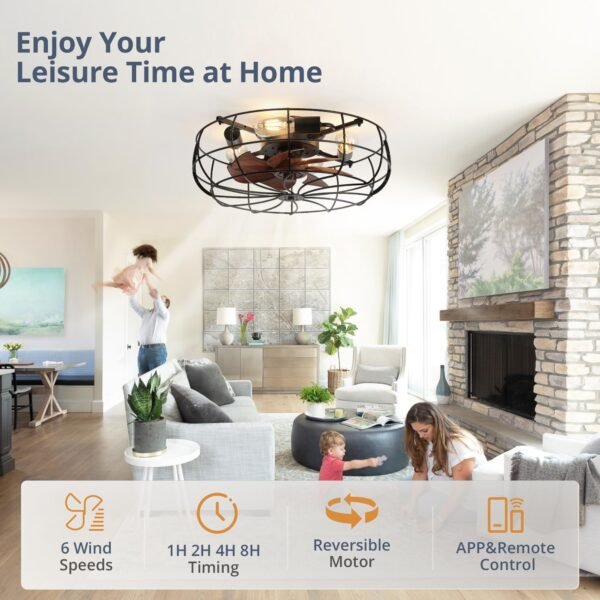 20" Caged Ceiling Fans with Lights and Remote, Flush Mount Bladeless Ceiling Fan Low Profile - Image 33