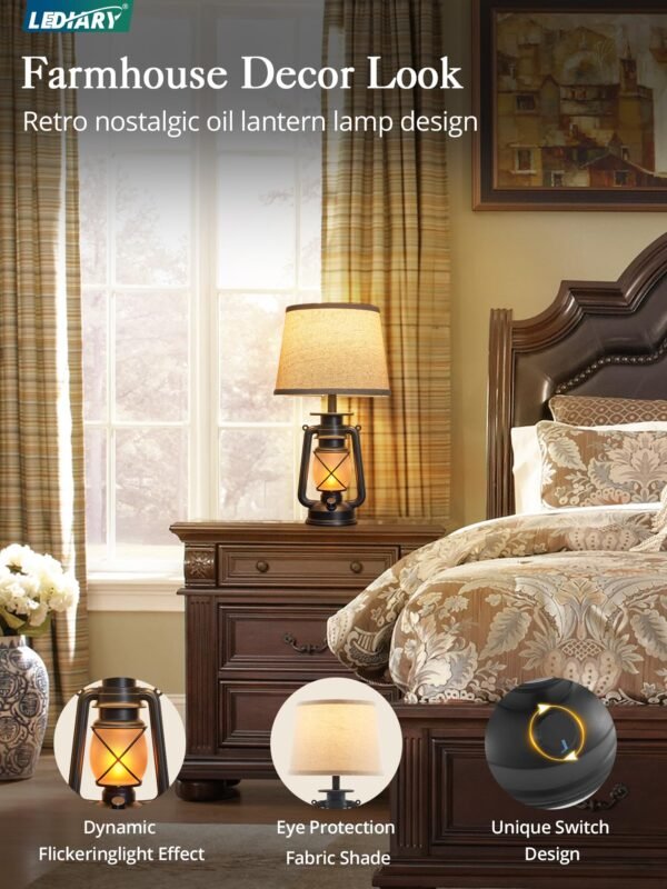 18.72" LED Vintage Lantern Flickering Flame Table Lamps for Bedrooms Set of 2, Small Farmhouse Rustic Vintage End Table Lamps - Image 14
