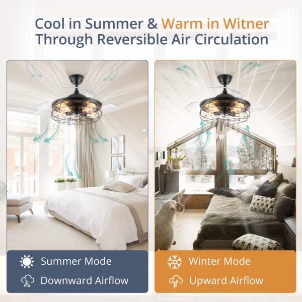 20" Caged Ceiling Fans with Lights and Remote, Flush Mount Bladeless Ceiling Fan Low Profile - Image 5