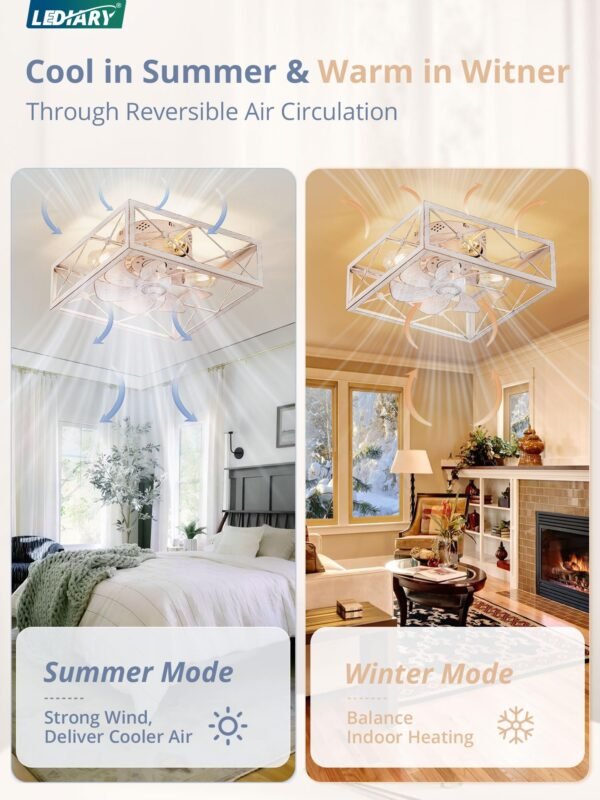 Caged Low Profile Ceiling Fans with Lights and Remote, White Square Flush Mount Ceiling Fan - Image 3