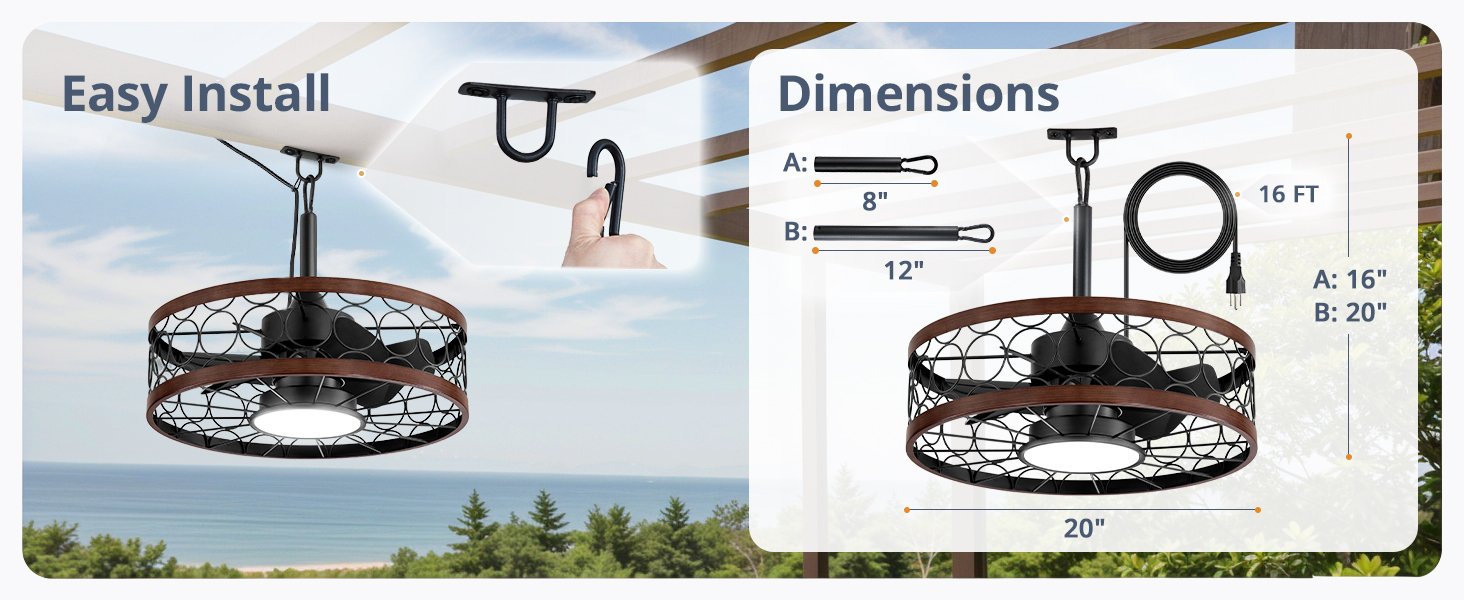 Outdoor Ceiling Fan with Light and Remote,Waterproof Gazebo Fan with Hanging Hook