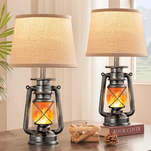 18.72" LED Vintage Lantern Flickering Flame Table Lamps for Bedrooms Set of 2, Small Farmhouse Rustic Vintage End Table Lamps - Image 19