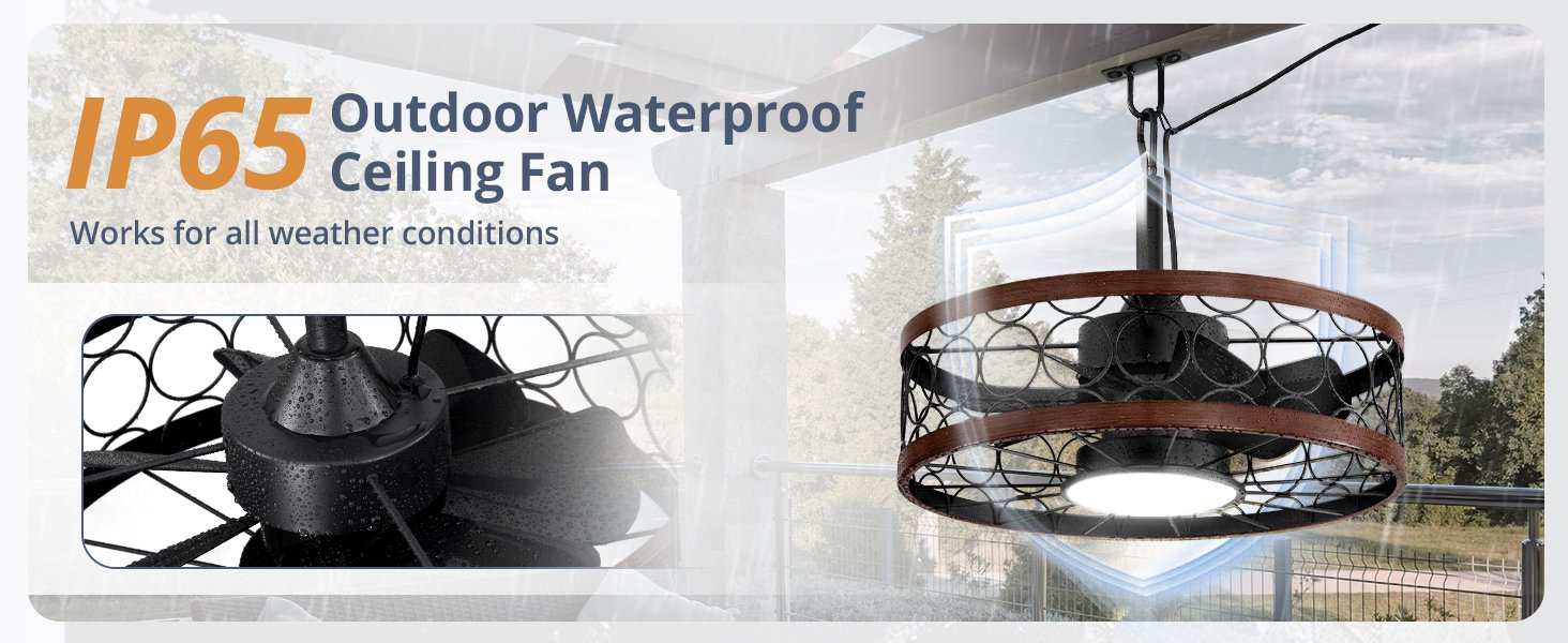 Outdoor Ceiling Fan with Light and Remote,Waterproof Gazebo Fan with Hanging Hook