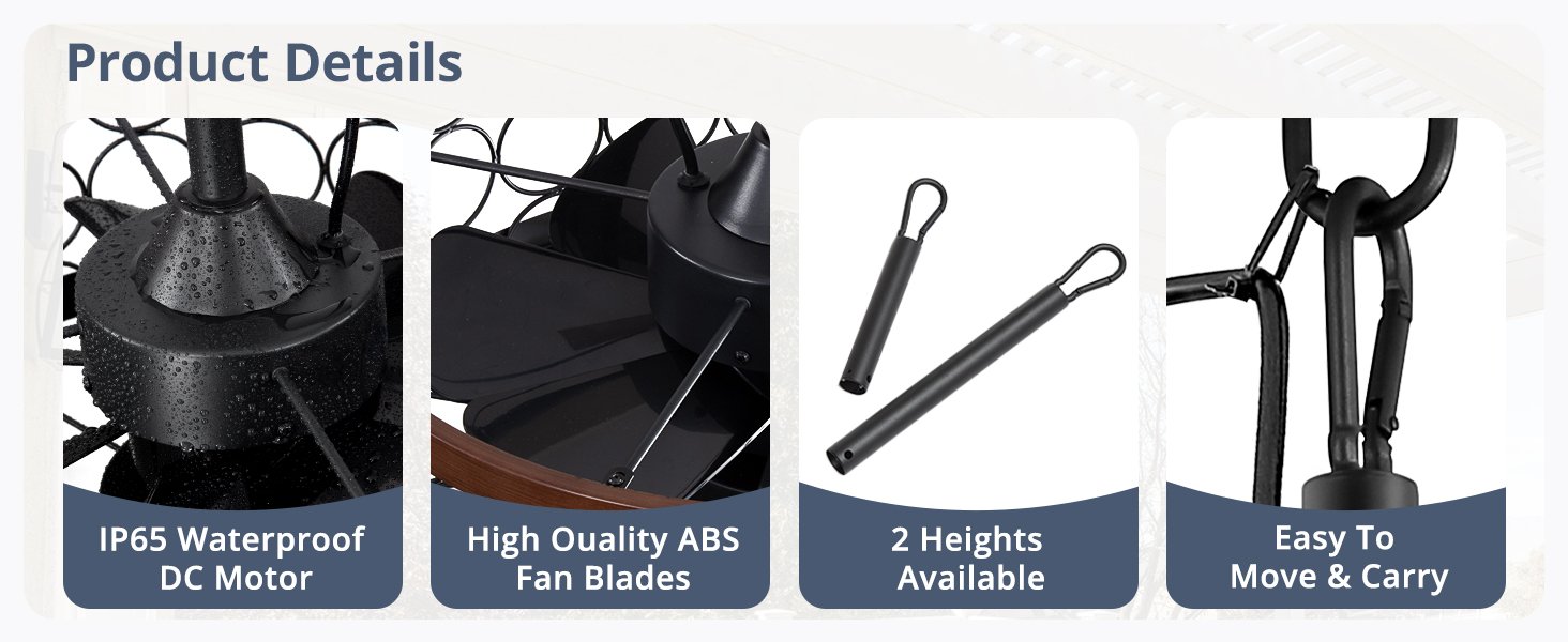 Outdoor Ceiling Fan with Light and Remote,Waterproof Gazebo Fan with Hanging Hook